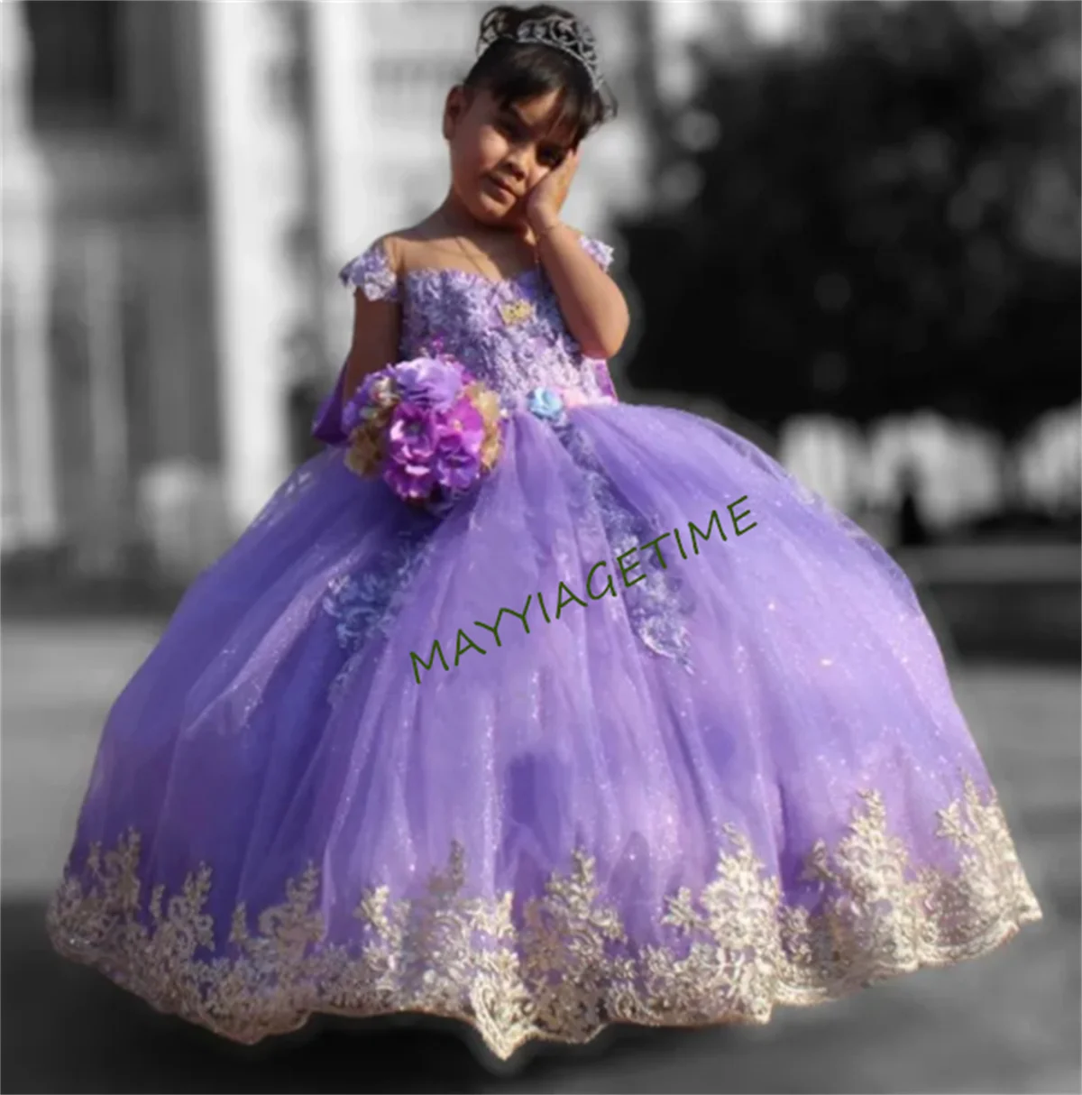 Light Purple Flower Girl Dresses For Weddings Toddlers Satin Bow Ball Gown Pageant Dress Sparkly 1st Communion