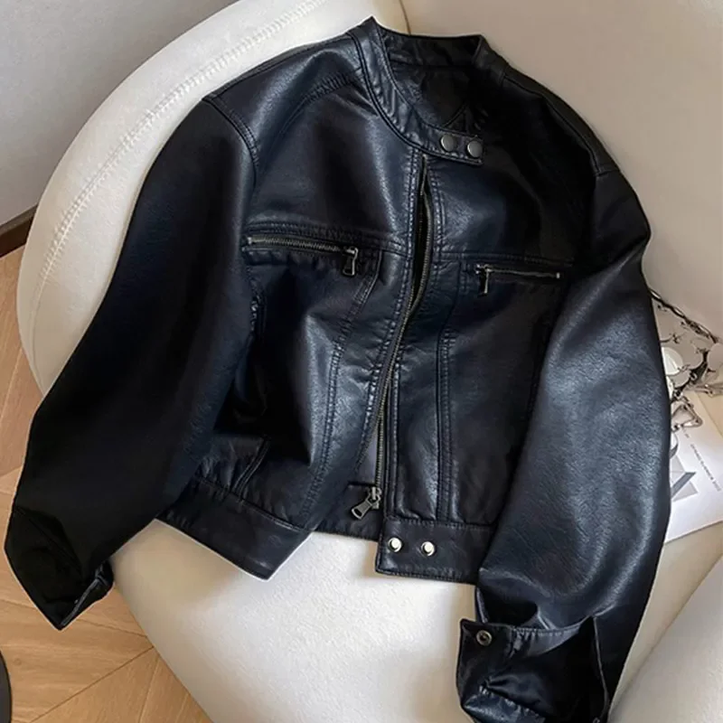 New Spring Autumn PU Leather Jacket Women Fashion Stand Collar Motorcycle Short Jackets Female Loose Leather Outwear Tide B1317