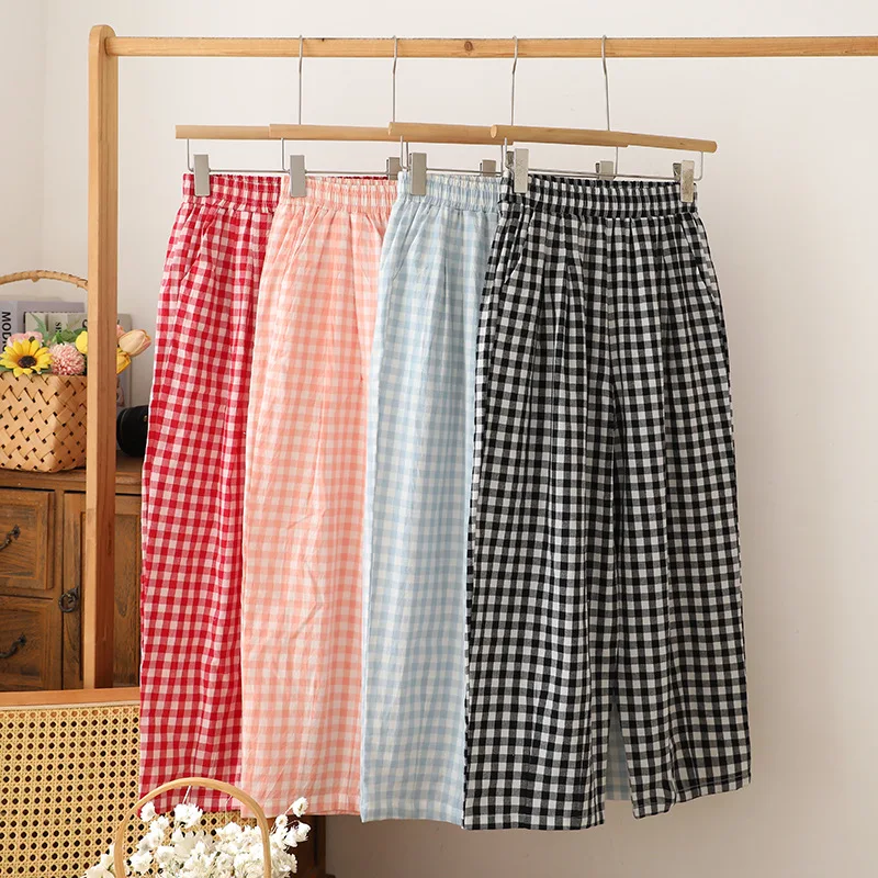 

Хлопковые клетчатые женские брюки для дома и отдыха, больших размеров, укороченные, широкие, легкие, для сна и повседневной носки на улице