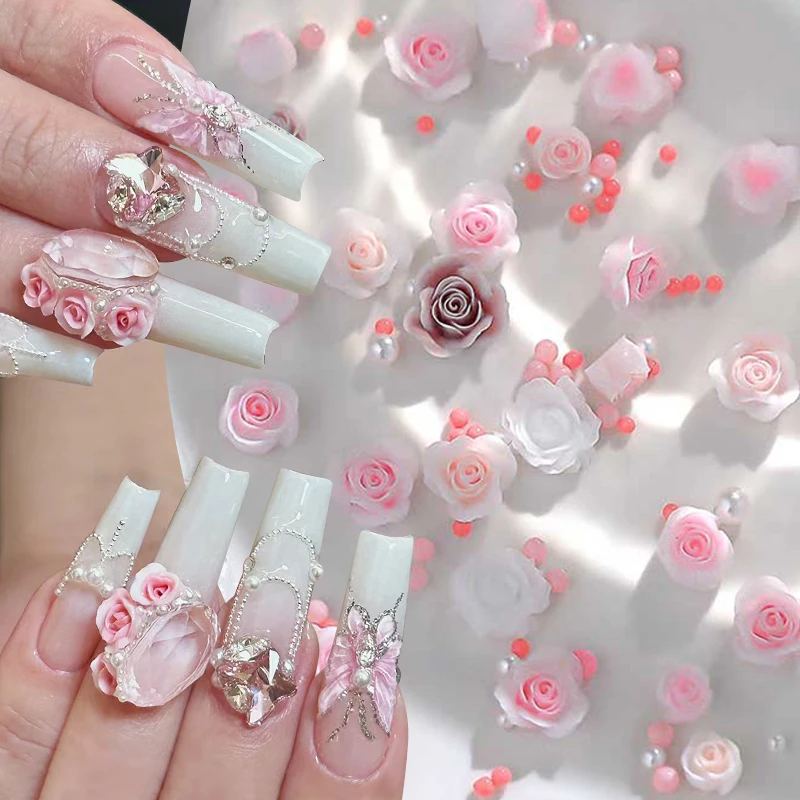 40Pcs/Bag Rose Flower Nail Charms Valentines Decoration Mixed Pearl Beads Rhinestone Nails Accessories Supplies Luxury Parts