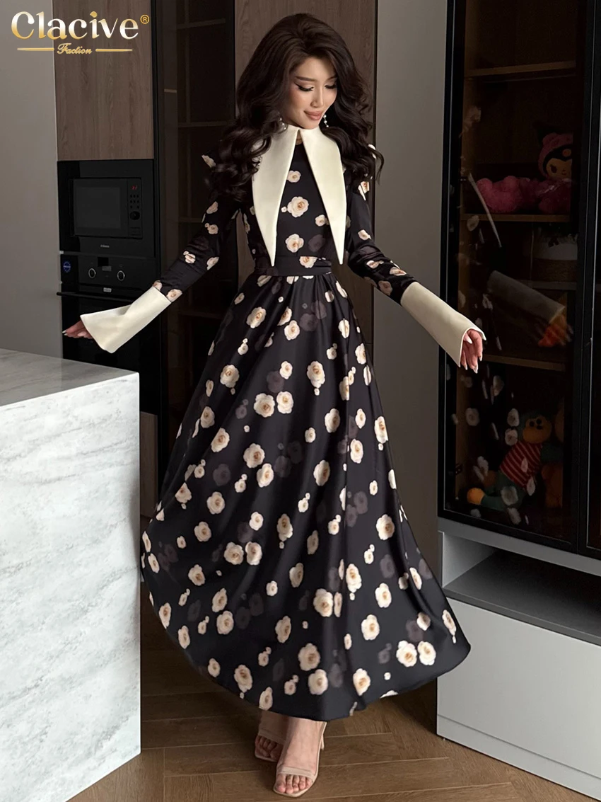 Clacive Fashion Slim Print Women's Dress Autumn Lapel Long Sleeve Ankle Length Dresses Elegant Classic High Waist Female Dress view 3