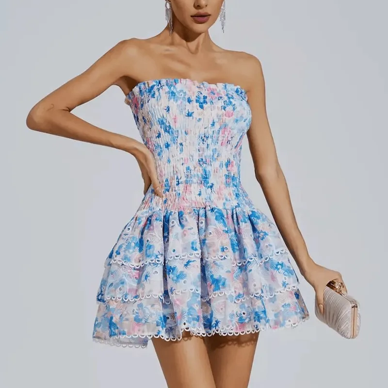 

Floral Embroidery Slash Neck Chic Dress Women Sleeveless Streetwear Waisted Vintage Clothing Lady Elegant Party Vestidos Bodycon