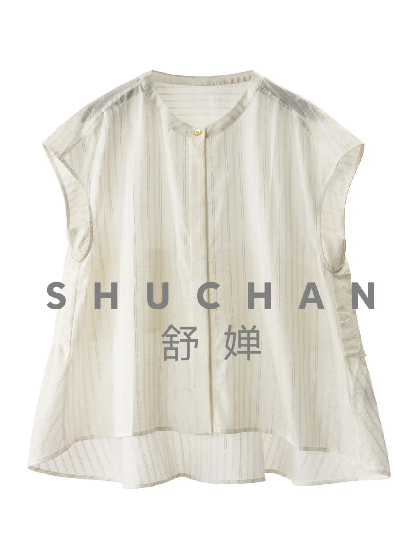 

High-quality Silk Cotton Gold Silk Striped Small Stand-up Collar Cover Rotator Sleeve Shirt Women's 50J9