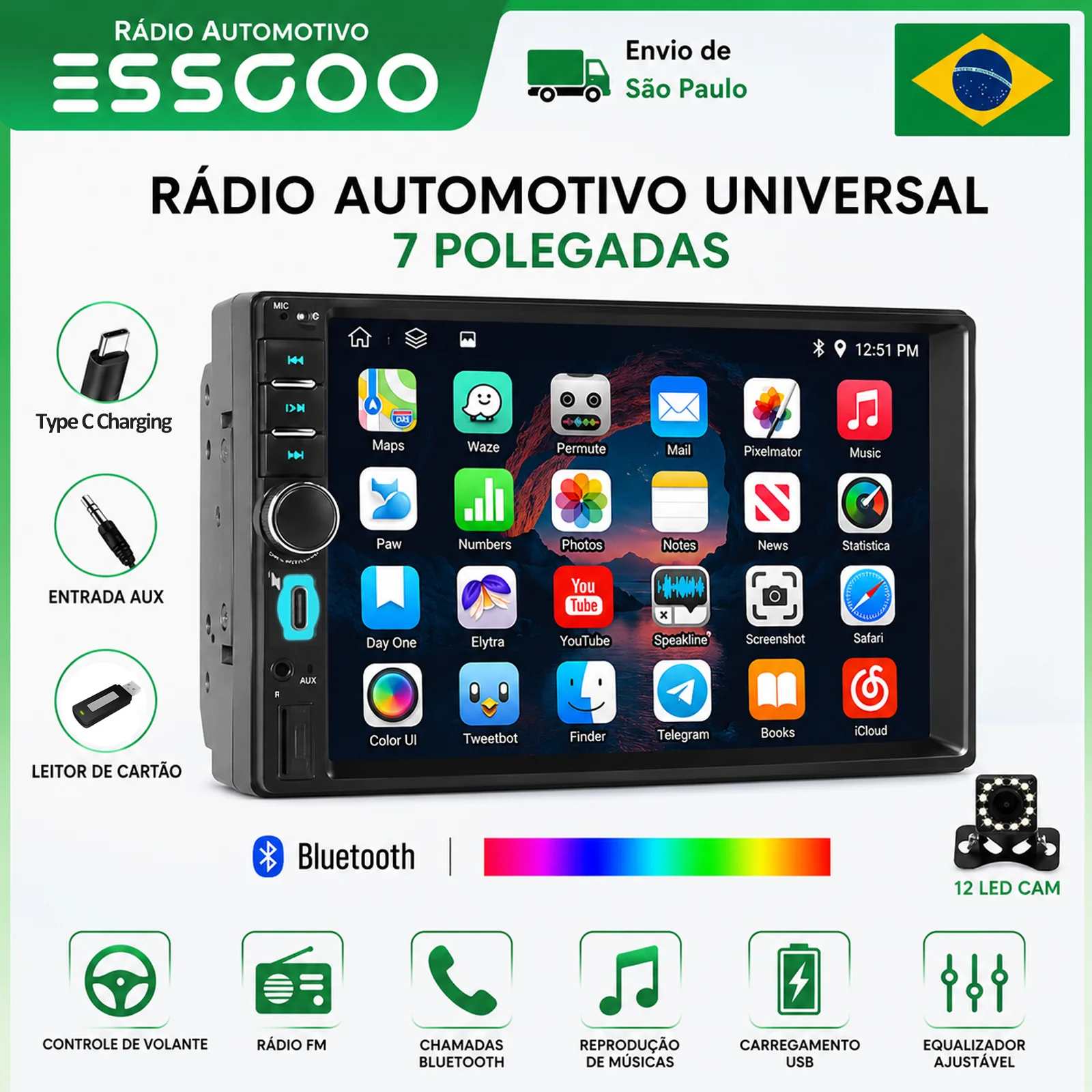 ESSGOO Reprodutor Multimídia 7" 1Din Bluetooth USB
