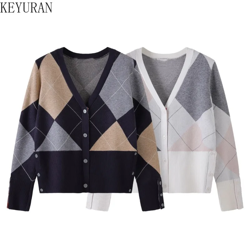 Coreano argyle malha cardigan feminino 2025 primavera outono nova manga longa em torno do pescoço solto camisola jaqueta versátil malhas topos
