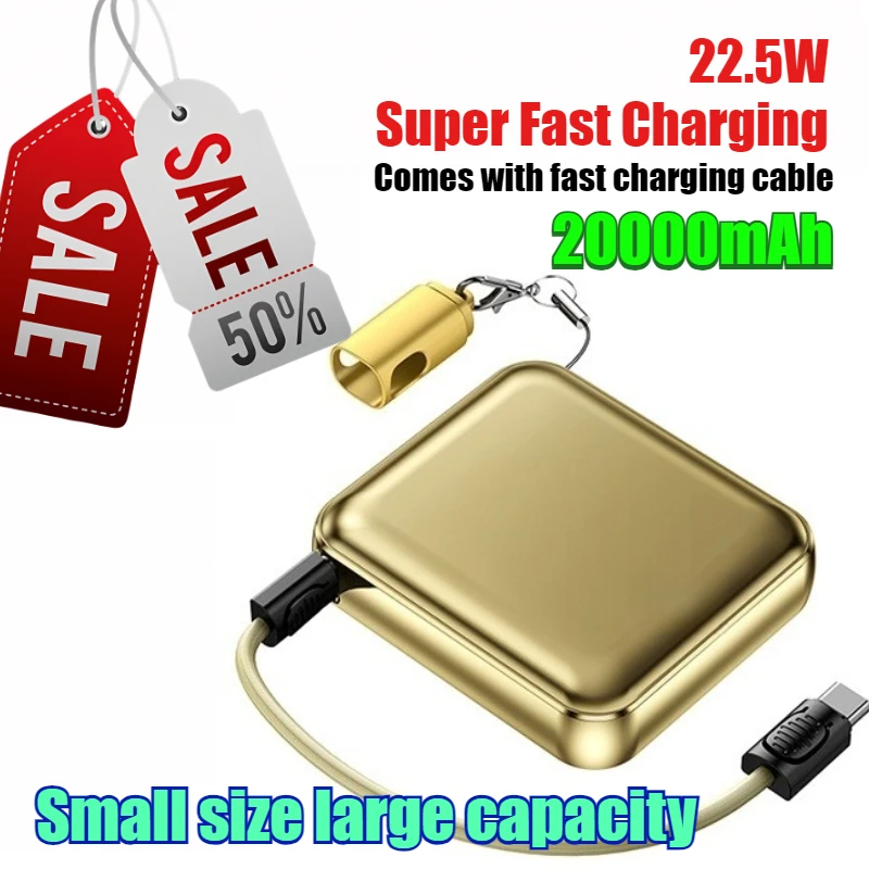 22.5W 20000mAh New Aluminum Alloy Fast Charging Power Bank with Built-in Cable