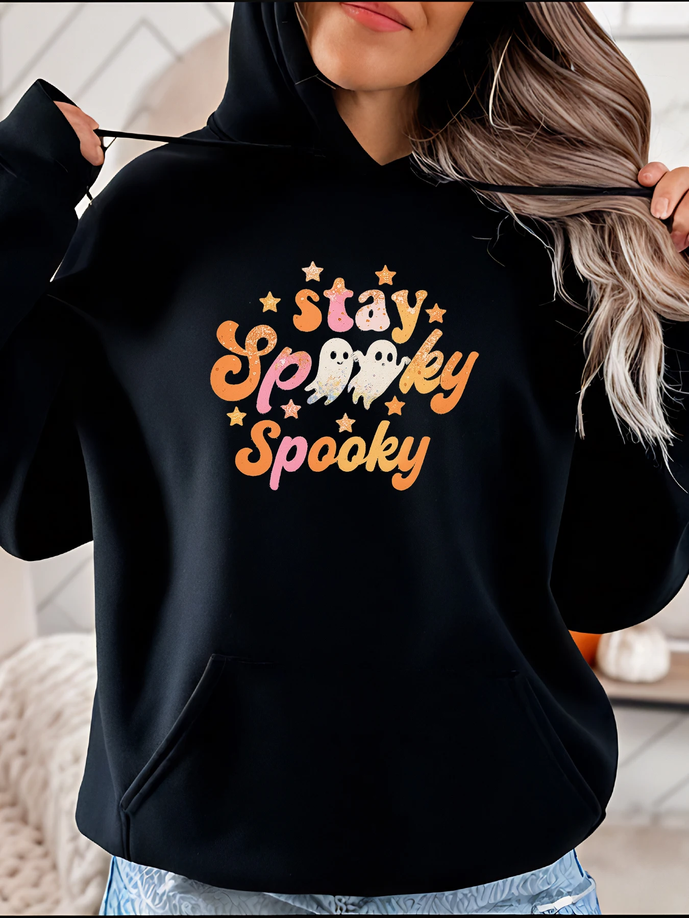 

Halloween Printed Hoodie Loose Fit Casual Style Ghost Stars Design Women's Autumn Winter Wear