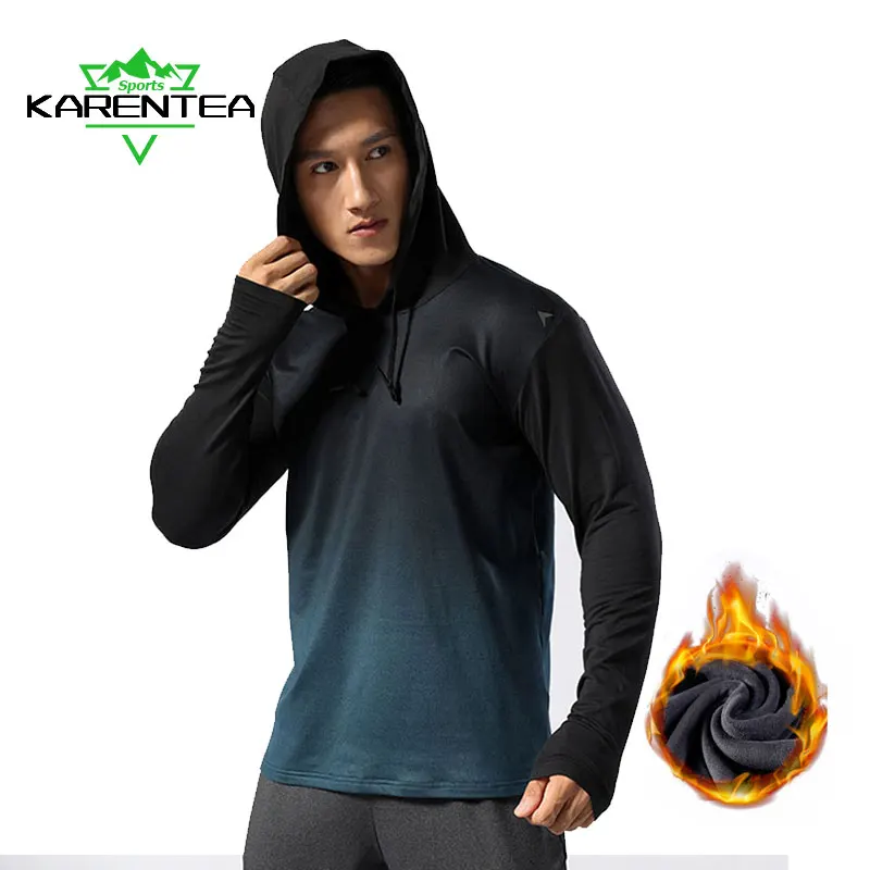 

Karentea Running Long Sleeve T-shirt Warm Hooded Men Winter Jogging Reflective Sports Clothing Gym Sportswear Gradient Outdoor