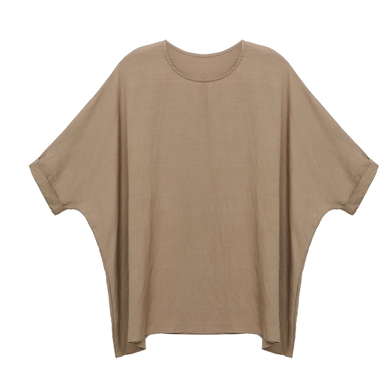 Plus Size Katoen Linnen Batwing Sve T-shirt Zomer Faion Buik Die Afslanken Top Koreaanse Sle Ronde Ne Mid-lengte