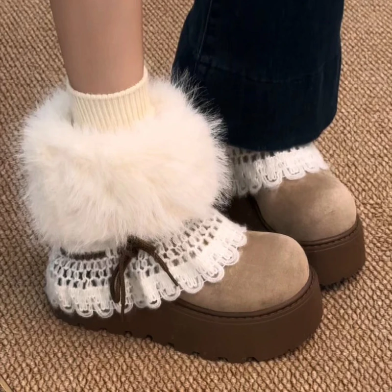 Winter Platform Flats Women Fur Lining Snow Boots Concise Lace Decoration Shoes Ladies Outdoor Comfort Warm Cotton Short Booties