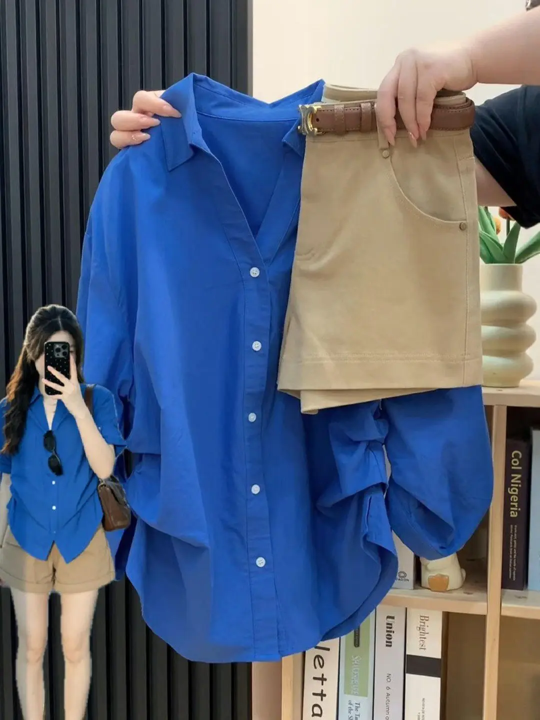 

Korean Style Klein Blue Women's Shirt Jacket Spring Slimming Waist Pleated Slimming Open Cardigan Top Breathable Long Sleeve