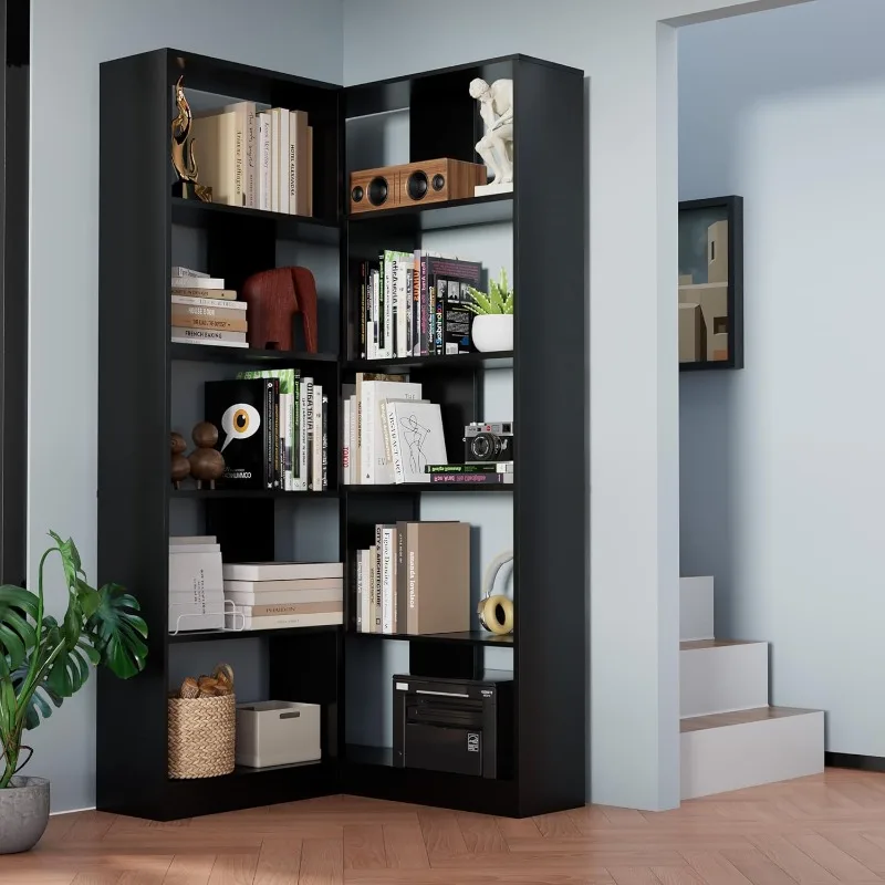 Corner Bookshelf Standing 5 Tiers Display Storage Shelves 78 in Tall Bookcase Home Modern L-Shaped Design Furniture