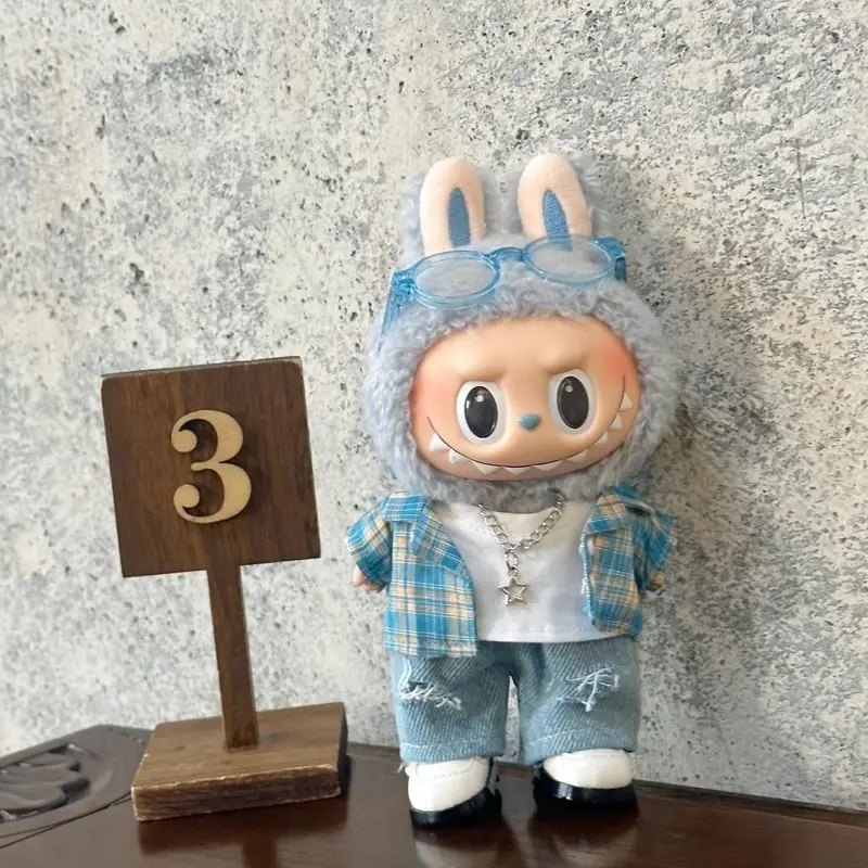 17 centimetri bambola blu camicia a quadri e foro strappato denim jeans set per labubu panni bambola vestiti di ricambio accessori giocattolo borsa per bambole