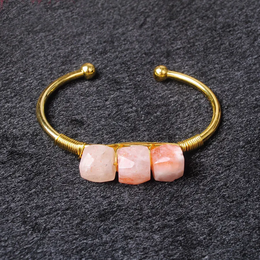 

Fine Retro Style Natural Stone Quartz cuff Bangle Bracelet for Women 2024 Trend Girls Gold Color Open Jewelry Gift BO963