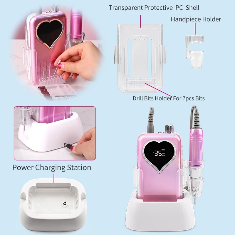 Perceuse à Ongles Rectangulaire, Base de Bureau Rechargeable, Machine Électrique de Manucure, Lime à Ongles, Pédicure, Sans Fil, 35000RPM