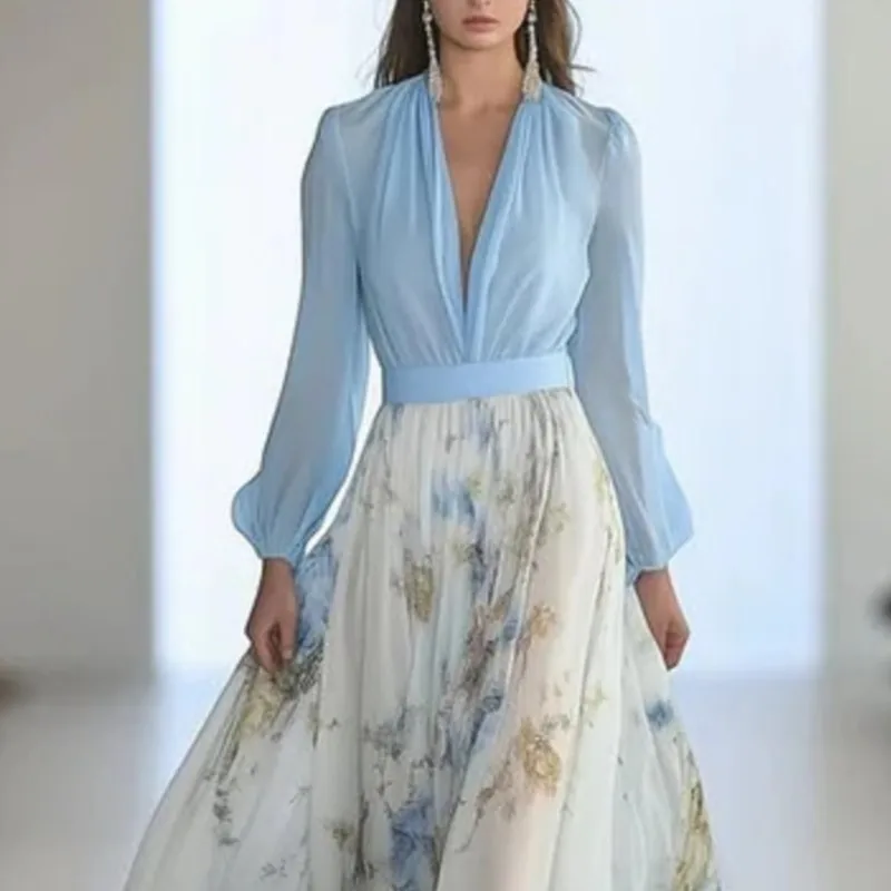エレガントな花柄パッチワークシフォンドレス、ボヘミアンセクシーVネックホローロングドレス、レディース2025夏パフルーズマキシドレス