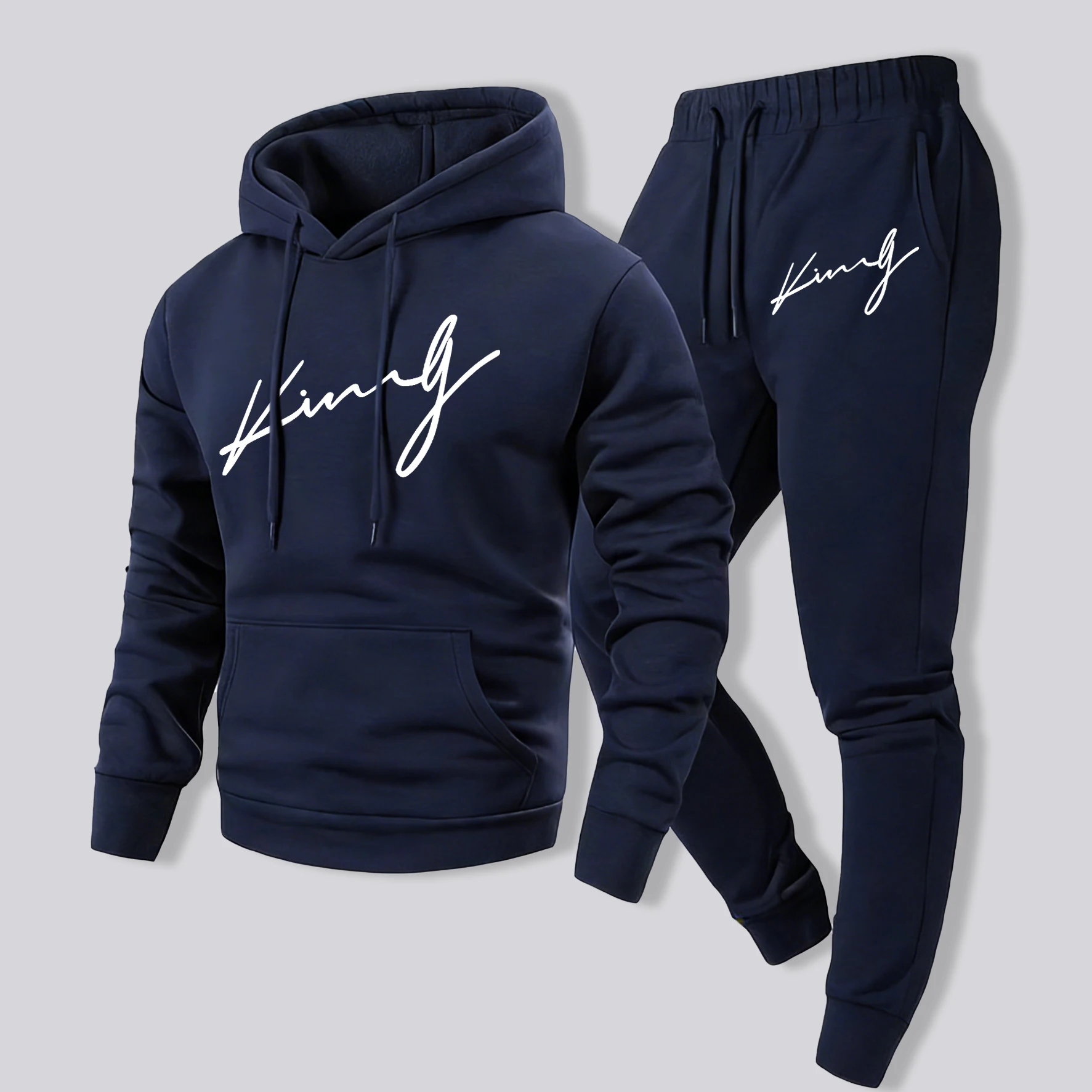 

King'S Word Cursive Script Pattern Mens Autumn Sportswear Sportpants Suit Fleece Casual Daily Hoody Set Warm Comfy Sweatpants