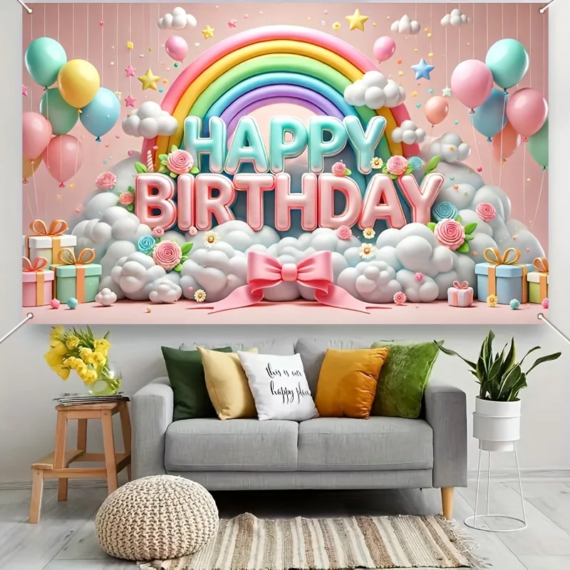 Happy Birthday Background Banner 1pcs 3D Balloons And Rainbow Design Party Background Decoration For Celebration