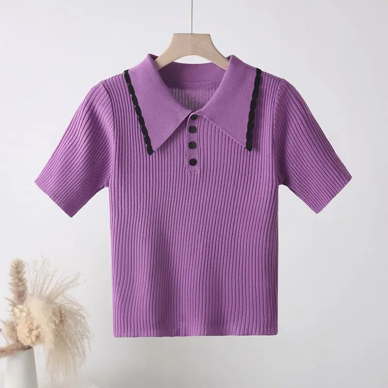 Pulôveres de botão com pescoço polo feminino, tops de malha, manga curta, elegante e fina, doce e tudo combina, roupa de trabalho, pedaços de gelo,