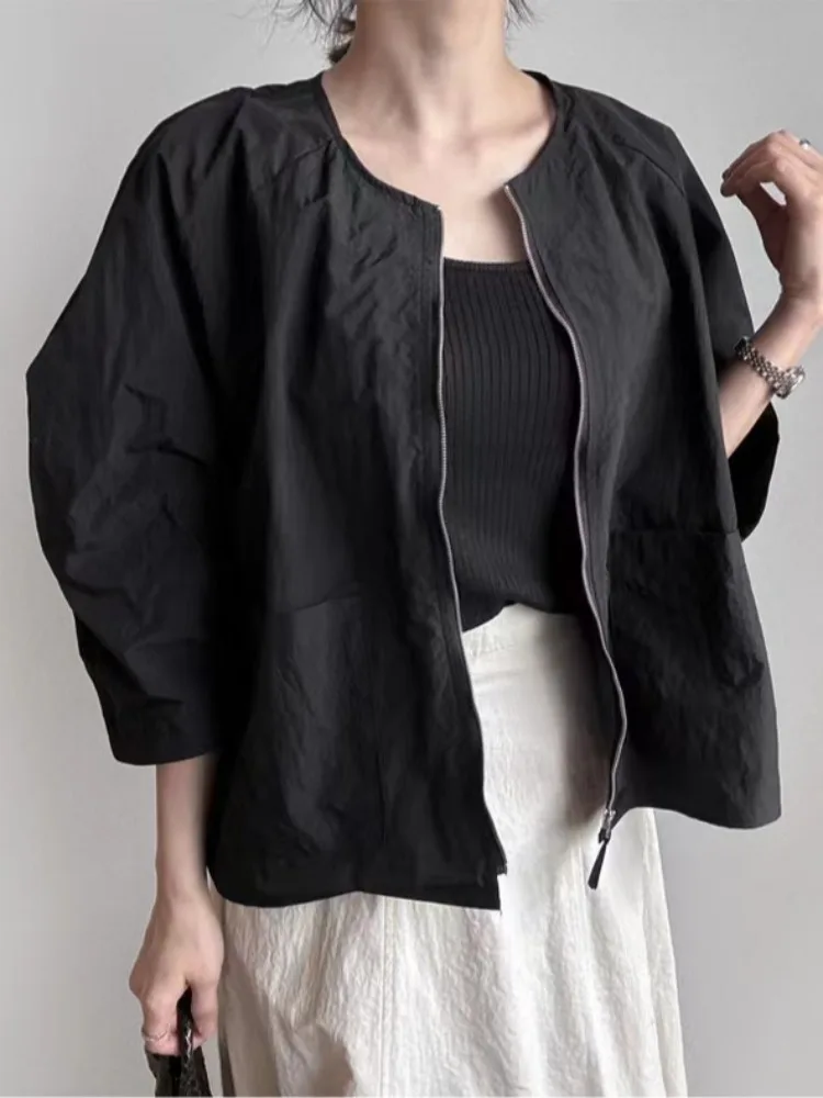 

Chic Loose Casual Women's Sun Protection Thin Outerwear Folded Sve Seven-Quarter Length Polyester Fiber round Ne Zipper