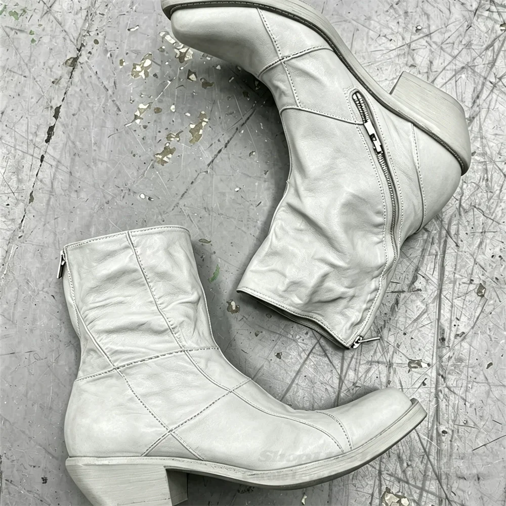 Retro Stitched Pointed Boots Men Square Toe Thick Heel Western Cowboy Workwear White Knight Boots Back Zipper Chelsea Boots
