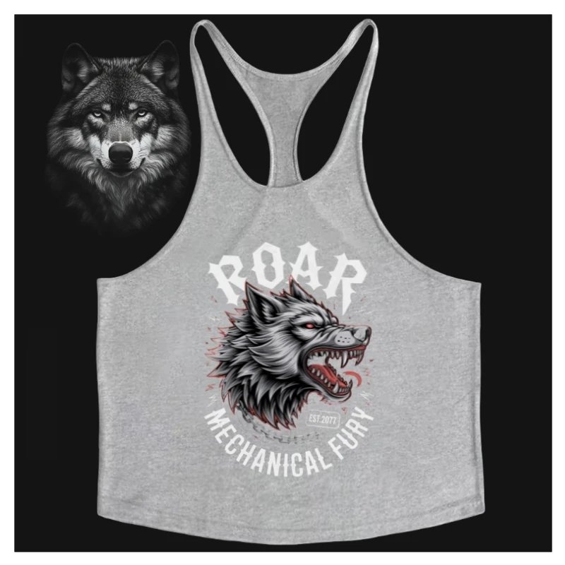 Wolf Graphic Stringer Weste – Herren-Fitnessweste, Y-Tank-Baumwolle, ärmellos, Workout, Laufen, Krafttraining, Komfort-Top