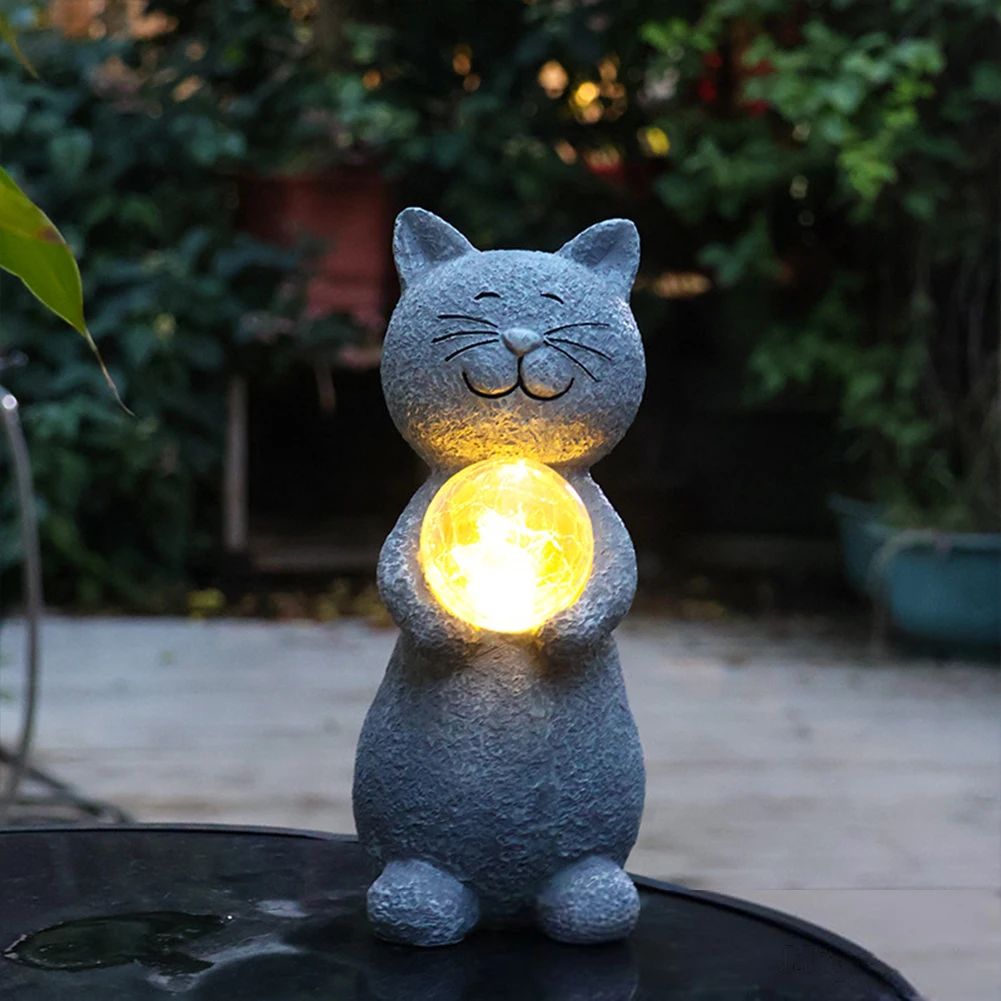 Statue de Chat avec Lanterne Solaire Imperméable en Résine, Figurine de Chaton, Décorations pour Pelouse Extérieure