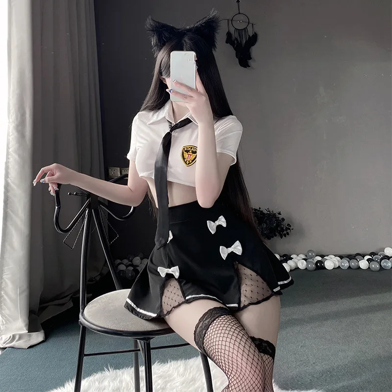 Lingerie sexy Anime Poliziotta Costume Tentazione uniforme per le donne Cosplay con cravatta + camicetta + gonna + pantaloni a T + copricapo