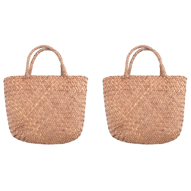 

2X Casual Straw Bag Natural Wicker Tote Bags Women Braided Handbag For Garden Handmade Mini Woven Rattan Bags