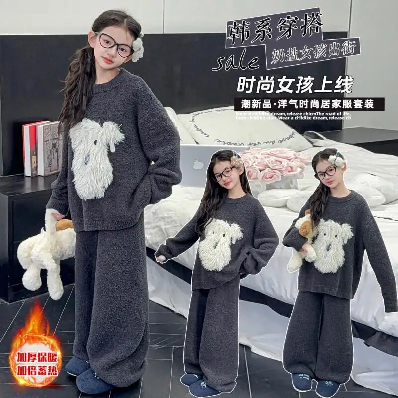 

Hot Girls' Velvet Home Clothes Set 2025 New Fashionable Sleeper Pants for Children and Students To Go Out In Autumn and Winter