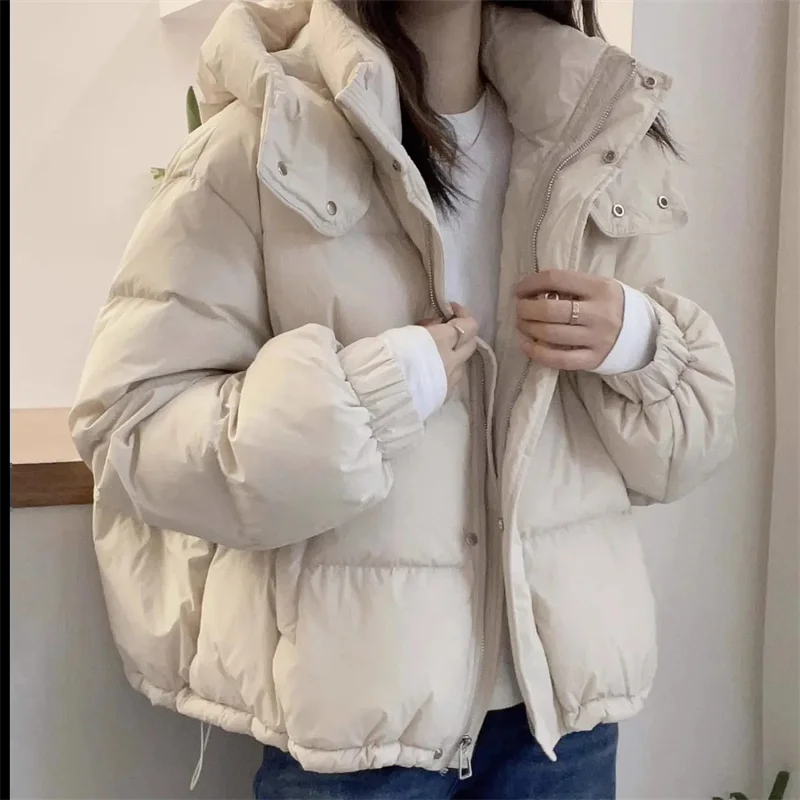 

2025 Women Fashion Loose Down Cotton Jacket Winter Female Hooded Cotton Padded Coat Korean Ladies Long Sleeves Puffer Outwear