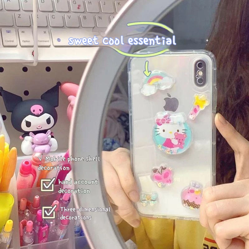 Sanrio 8pcs Shake Water Stickers Kawaii Hello Kitty Cute Girl Heart Crystal Stickers 3d Stereo Decorative Bubble Stickers Gifts