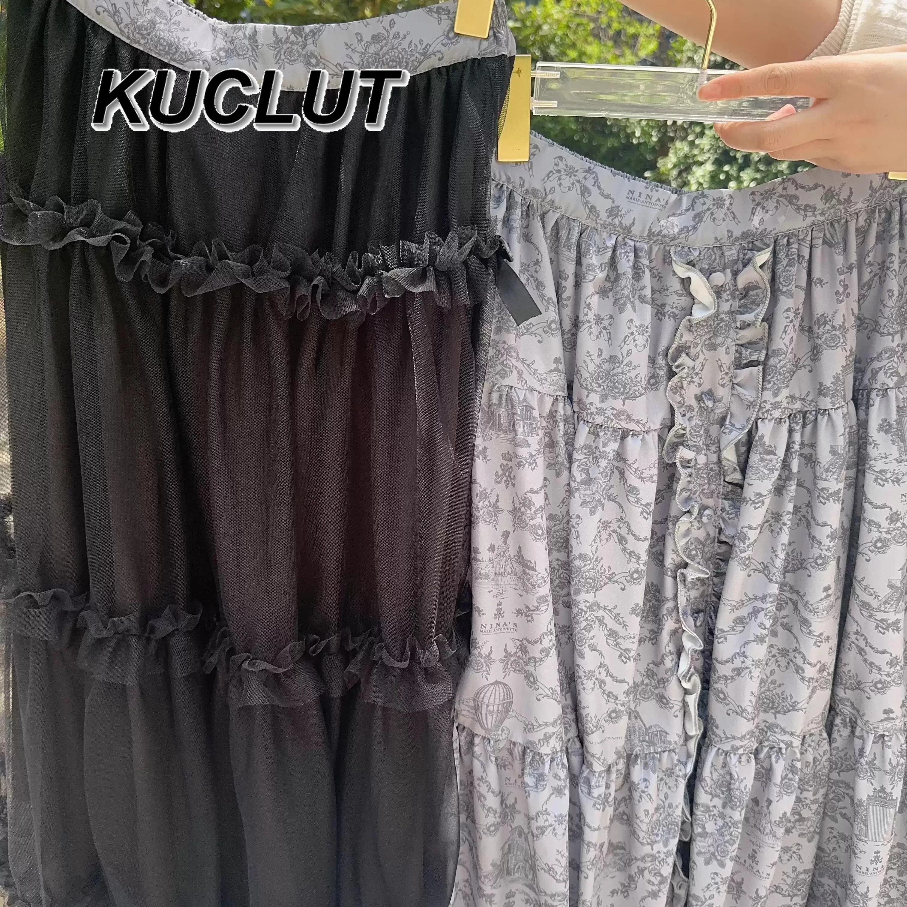 กระโปรงทรงเอ midi สไตล์ฝรั่งเศสสำหรับผู้หญิง ฤดูร้อน-ฤดูใบไม้ร่วง น่ารัก สวมใส่ได้สองด้าน เอวยางยืดอเนกประสงค์ ทรงเค้ก สไตล์ลำลอง