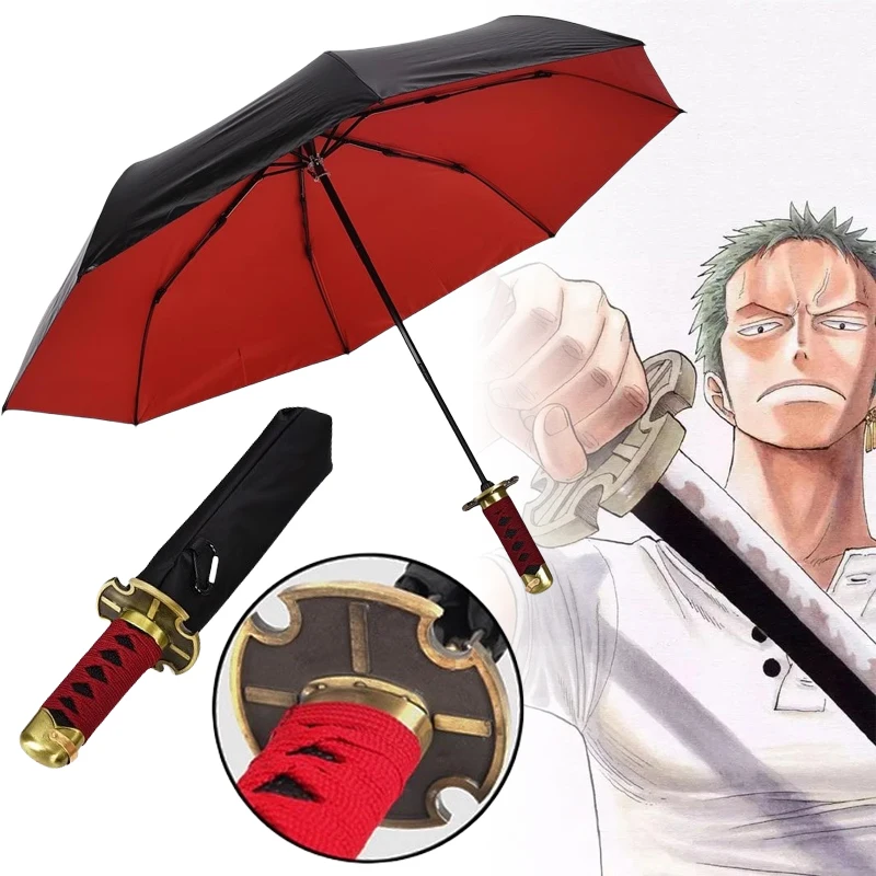 Roronoa Zoro Katana Umbrella Fold UV Blocking Black Parasol Sword Real Size Japanese Katana Samurai Sabre Umbrella Anime Parasol