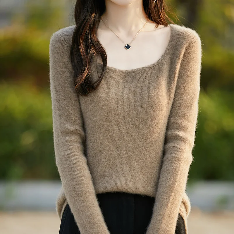 Women's sweater autumn/winter 100% pure wool pullover casual solid color knitted Tops fit U-neck Blouse basic all-match