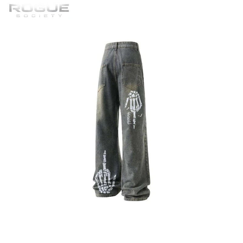 American Retro Grunge Skeleton Print Flare Jeans Unisex Y2k High Waist Washed Distressed Denim Pants Vintage Streetwear Harajuku view 6