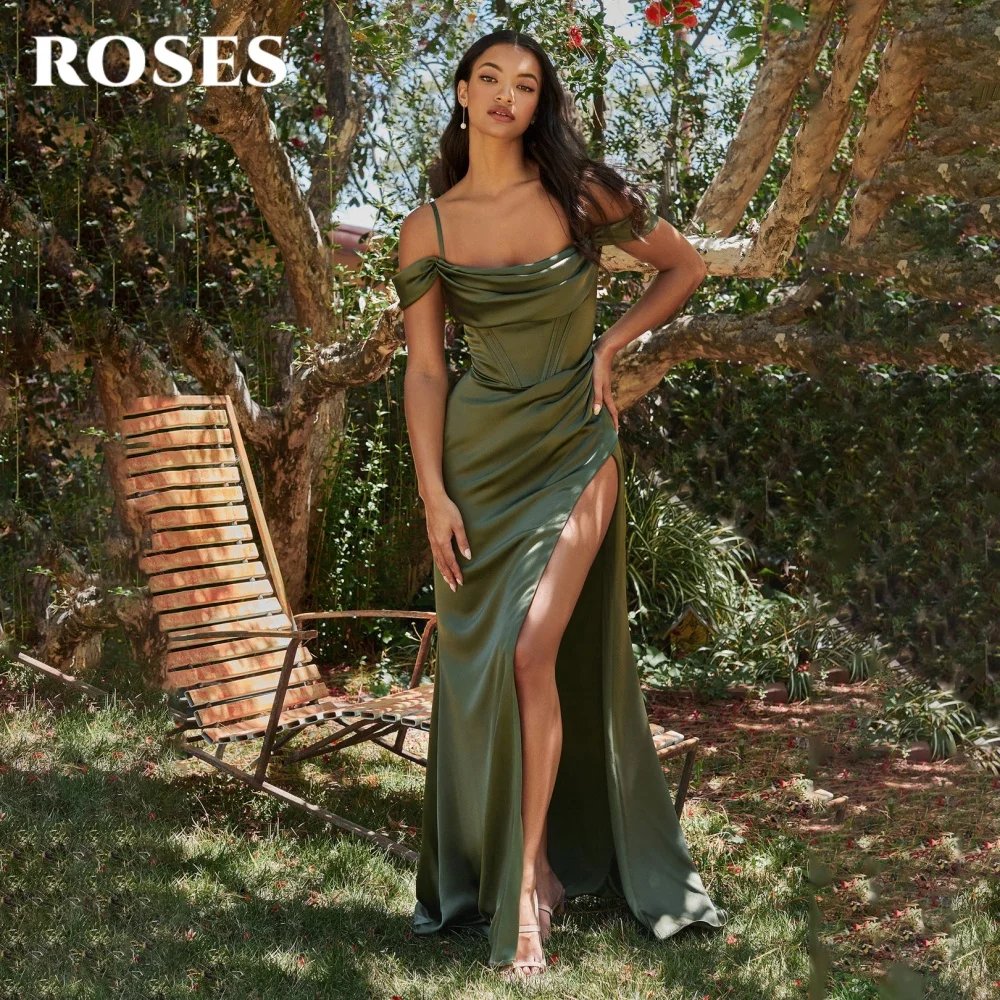 ROSES-vestido de fiesta de estilo moderno con hombros descubiertos, traje Sexy de satén con abertura alta, con cuello Barco, personalizado