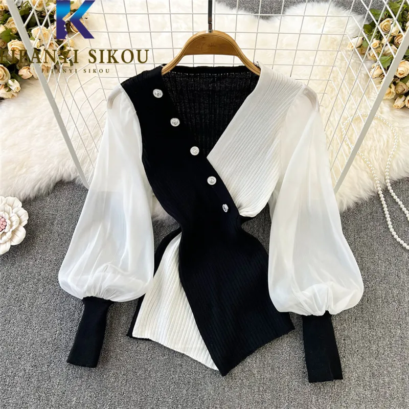 

Patchwork Knit Shirt Women V-Neck Fashion Lantern Sleeve Spliced Shirts Spring Summer Elegant Chic Womens Tops And Blouses