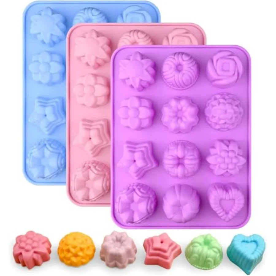 

3 Pack Flower Silicone Molds 12 Cavities Different Shapes for Chocolate Cupcake Candy Jelly Ice Cube Muffin Pink Purple Blue