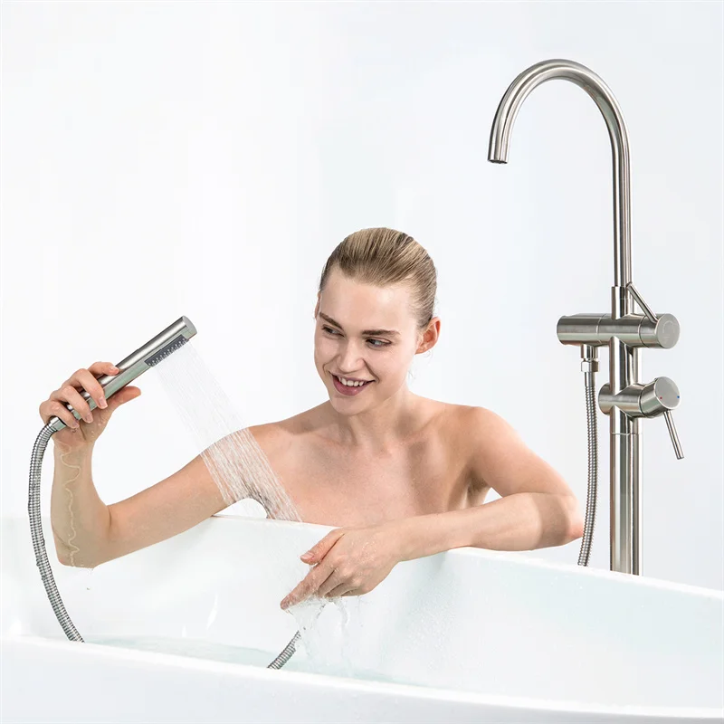 

Free Standing Bathtub Faucet Shower Bath Mixer Tap Brushed Nickel Dual Handle Bathroom Tap Brass Waterfall Bath Tub Faucet