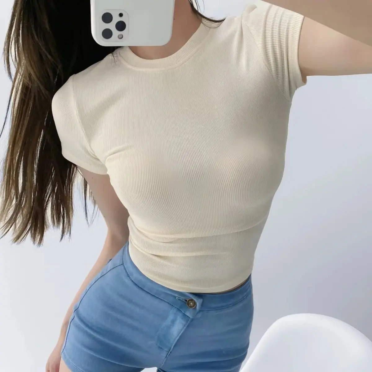 アメリカンスタイル-ベーシック-エラスティック-スリムフィット-ラウンドネック-リブ編みtシャツ-レディース-夏-ハイウエスト-タイト-無地-半袖トップス