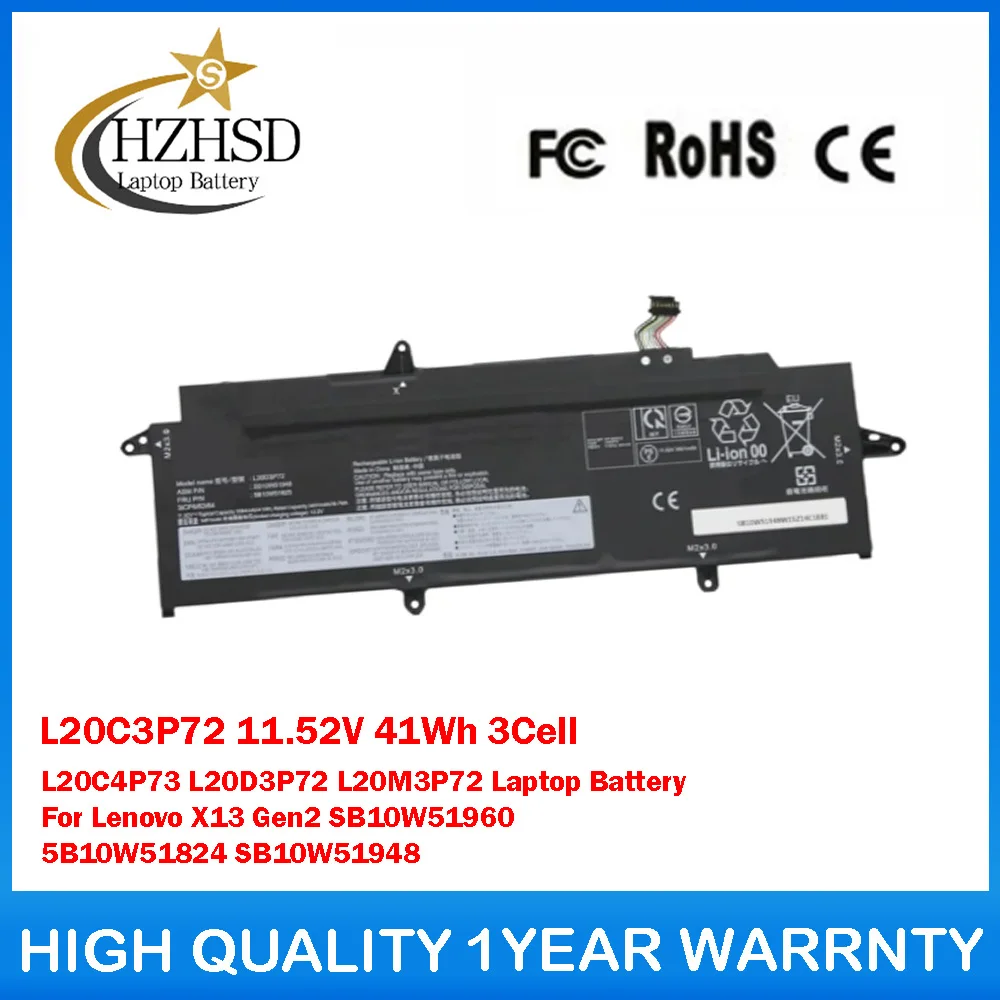 

L20C3P72 11,52 В 41 Втч 3564 мАч 3 ячеек L20C4P73 L20D3P72 L20M3P72 Аккумулятор для ноутбука Lenovo X13Gen2 SB10W51960 5B10W51824 SB10W51948