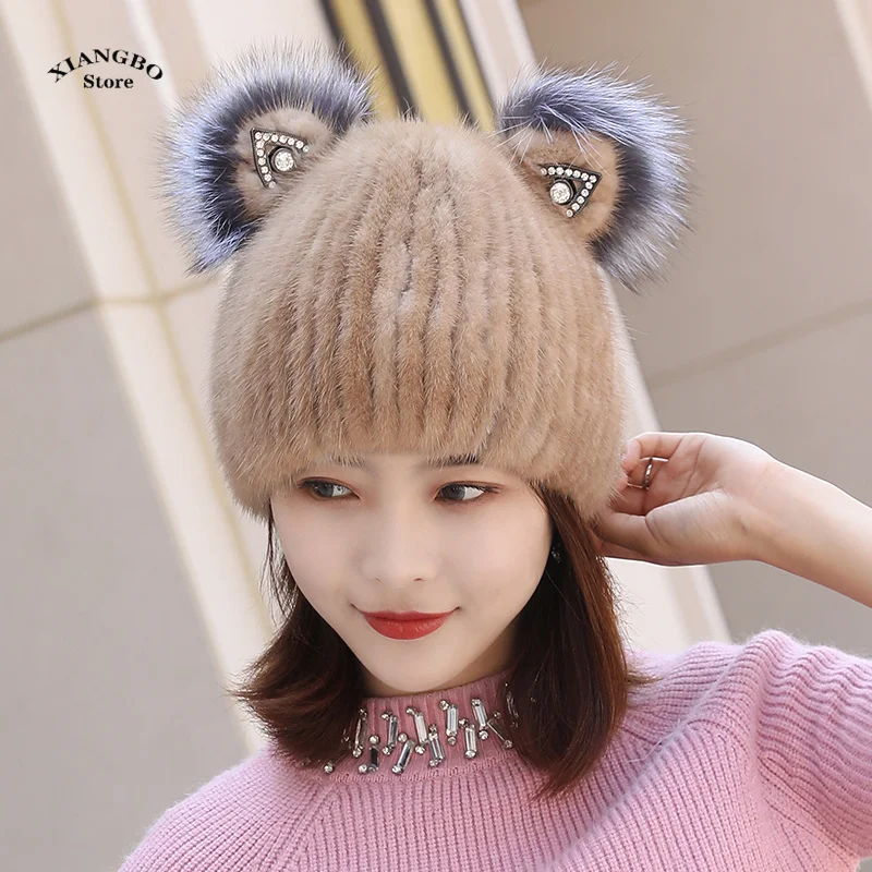 New Natural Mink Fur Hat For Women Good Quality Mink Fur Hats With Luxury Pompom Fox Fur ear  Winter Women Cap Lady Hat