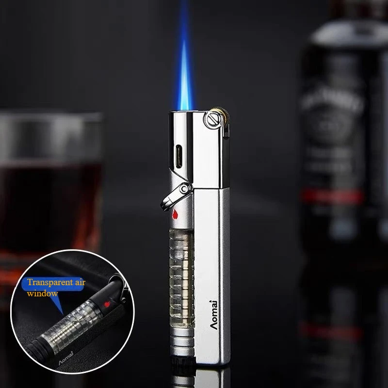 

Aomai Metal Grinding Wheel Lighter Windproof Jet Blue Flame Cigarette Lighter with Transparent Gas Window Men's Smoking Tool