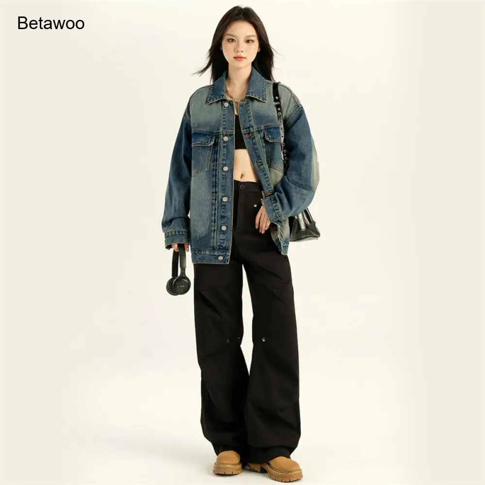 Vintage Blue Oversized Denim Jacket Women Fashion Loose Fit Casual Trucker Coat