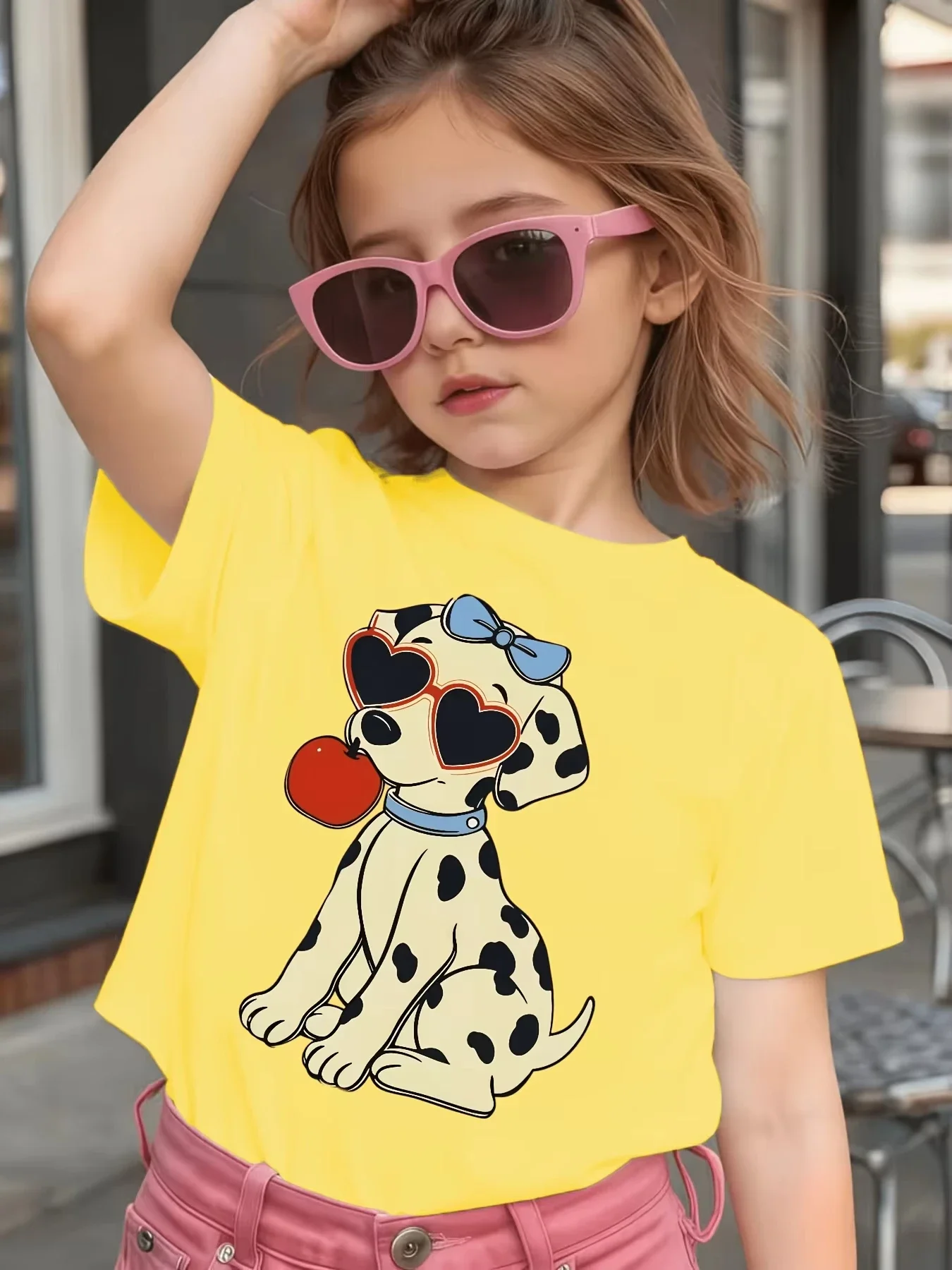 Little Girls Cartoon Spotted Dog Short Sleeve Tee Lovely Dalmatian Wearing Sunglasses Pattern Children Summer Clothing