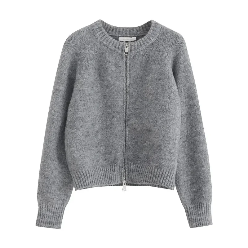 New Solid Color Versatile Gray Short Sweater Coat Women Spring Autumn Thickened Loose Lazy Outerwear Zipper Cardigan Knitted Top