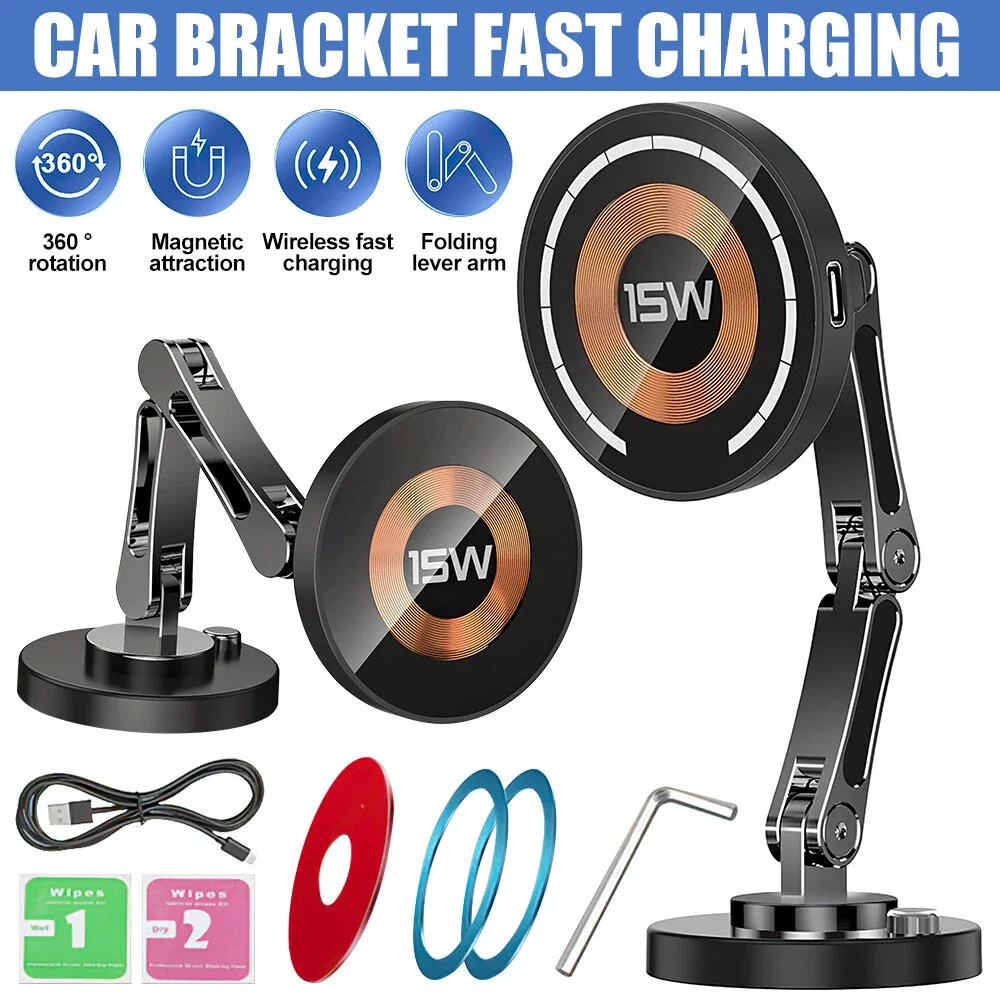 

15W Wireless Car Charger Magnetic Phone Car Mount 360° Rotation Aluminum Foldable Phone Stand For Iphone 15 14 13 12 11 Samsung