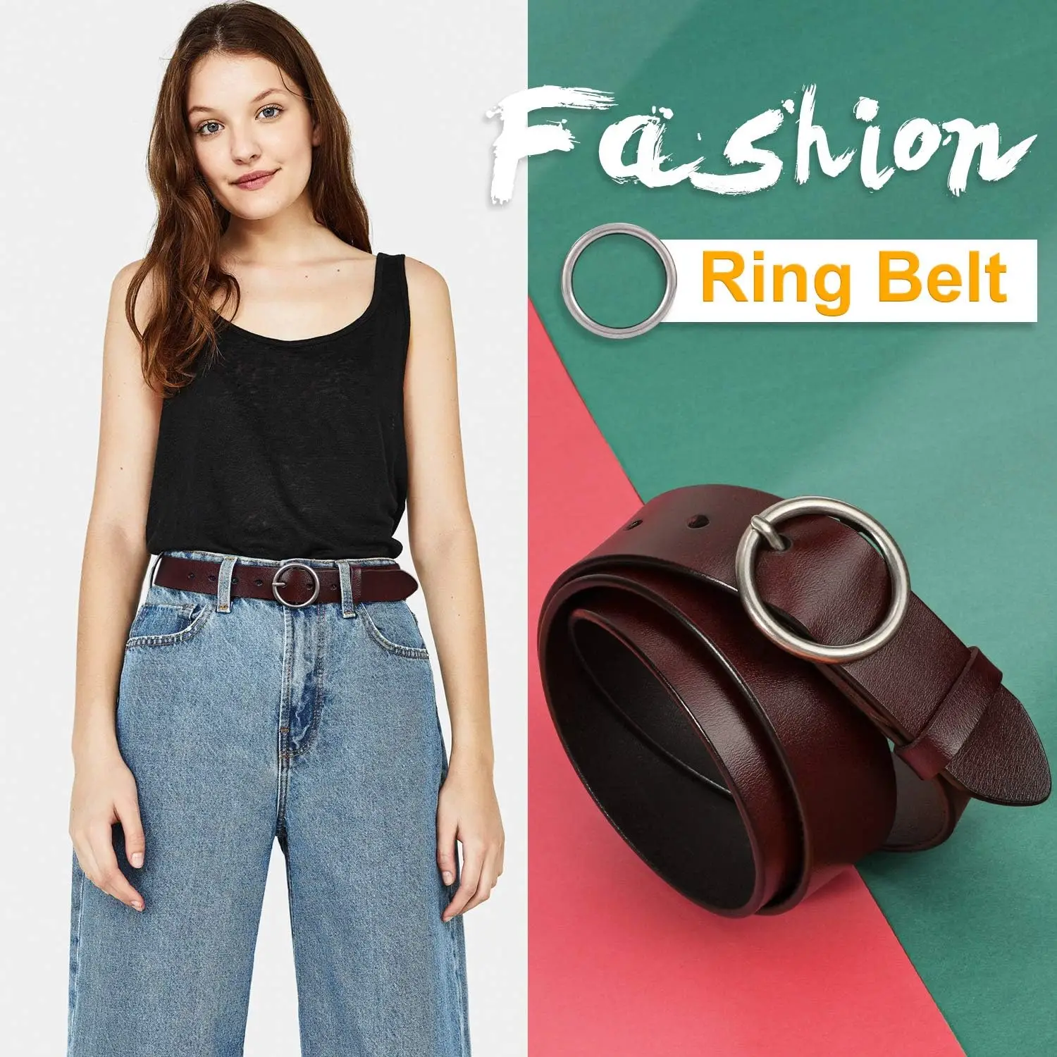 Genuine leather Women Casual Dress Belt Fashion Leather Belt with Metal O Ring Buckle for Jeans Pants Adjustable