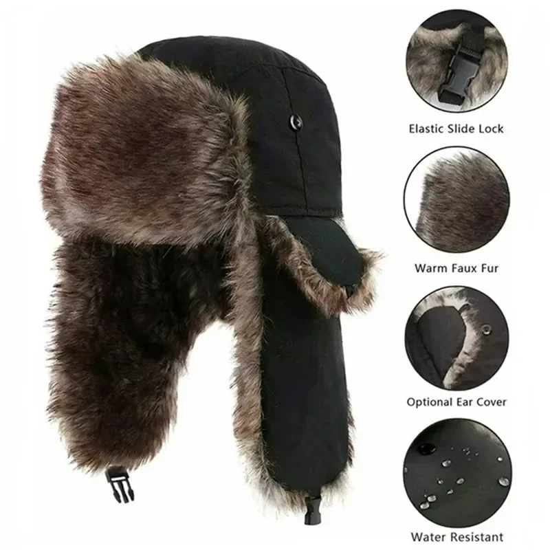 Mens Winter Aviator Hat Military Style Ushanka Cap with Ear Flaps Windproof Cold Weather Pilot Russian Fur Design Army Hat
